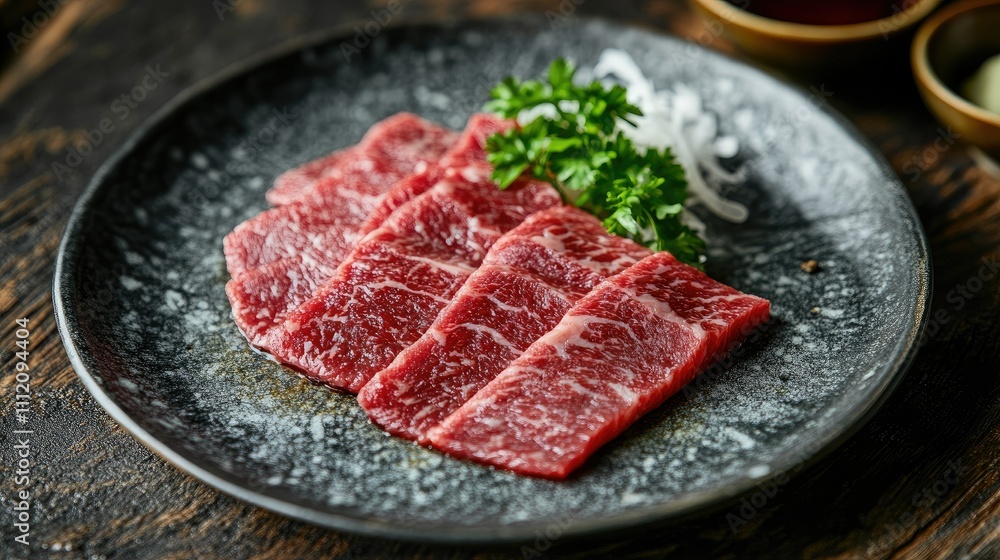 Freshly Sliced Beef on Black Plate with Garnish and Accents Freshly Sliced Beef on Black Plate with Garnish and Accents