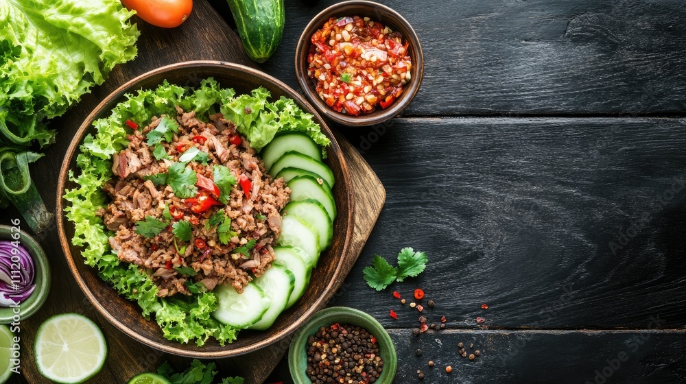 Fresh Salad with Vegetables, Meat, and Spicy Salsa on Wooden Table Fresh Salad with Vegetables, Meat, and Spicy Salsa on Wooden Table