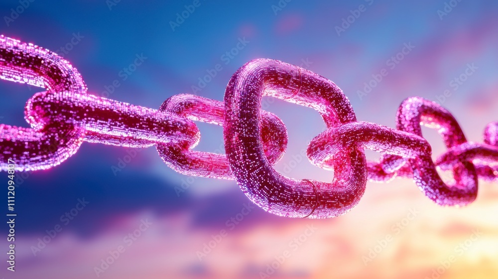 A vibrant, artistic depiction of a pink chain interlinked against a colorful sky, symbolizing connection and strength. A vibrant, artistic depiction of a pink chain interlinked against a colorful sky, symbolizing connection and strength.