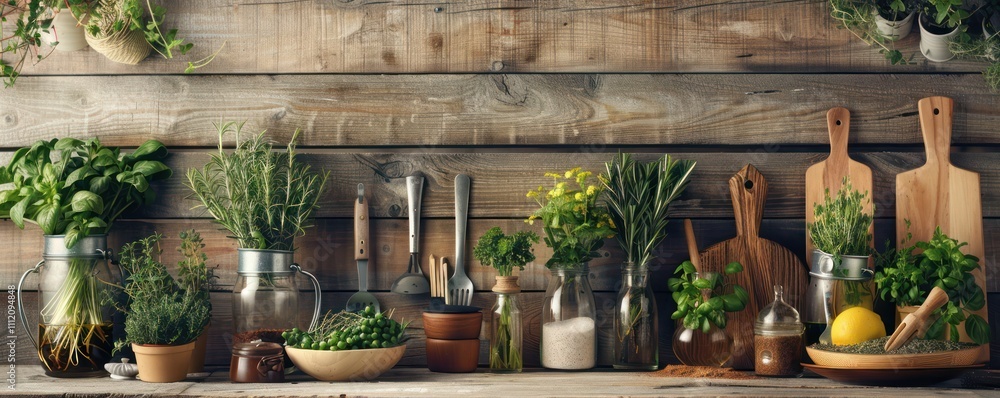 Rustic Kitchen with Fresh Herbs and Spices. Rustic Kitchen with Fresh Herbs and Spices.