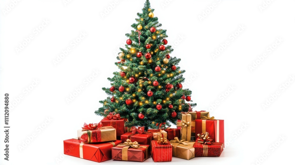 Christmas tree decorative beautiful tree with presents isolated on white background Christmas tree decorative beautiful tree with presents isolated on white background