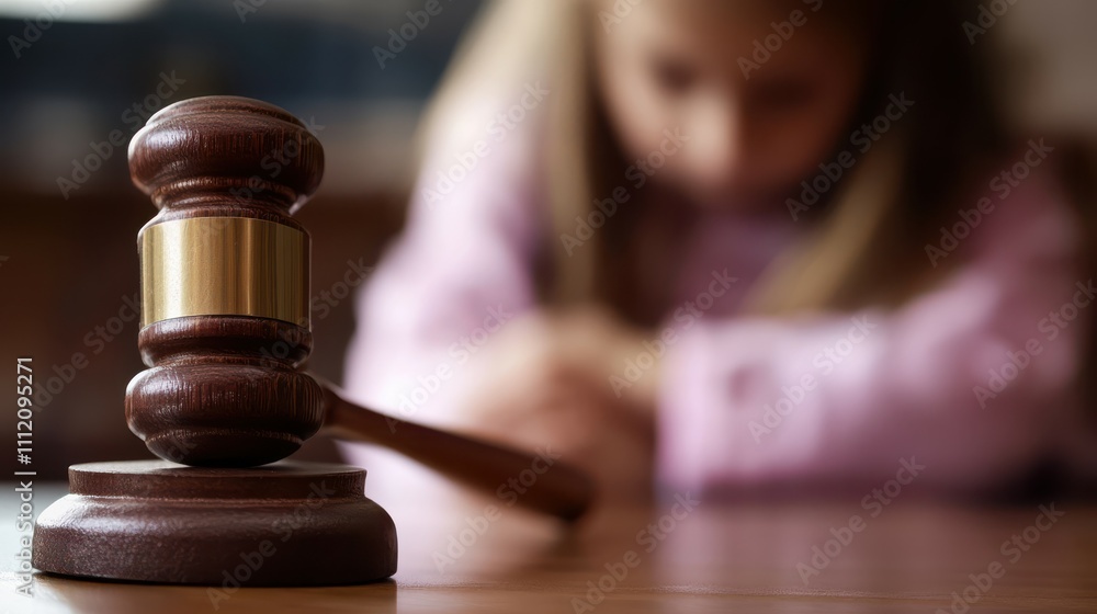 Close up of a legal judges hammer with a blurred child in the background. Child custody Close up of a legal judges hammer with a blurred child in the background. Child custody