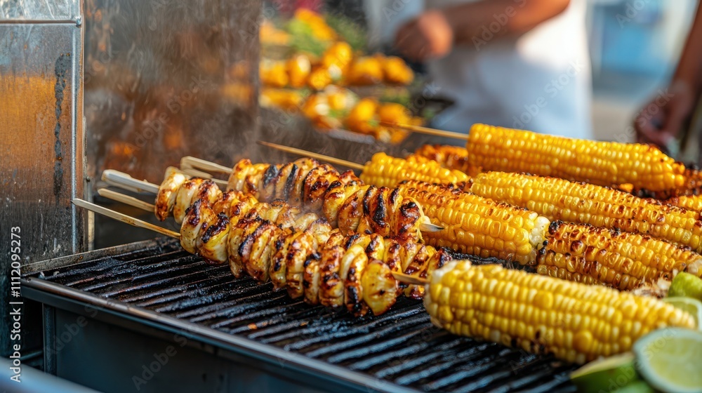 Grilled skewers and roasted corn served at a vibrant African food truck in downtown Grilled skewers and roasted corn served at a vibrant African food truck in downtown