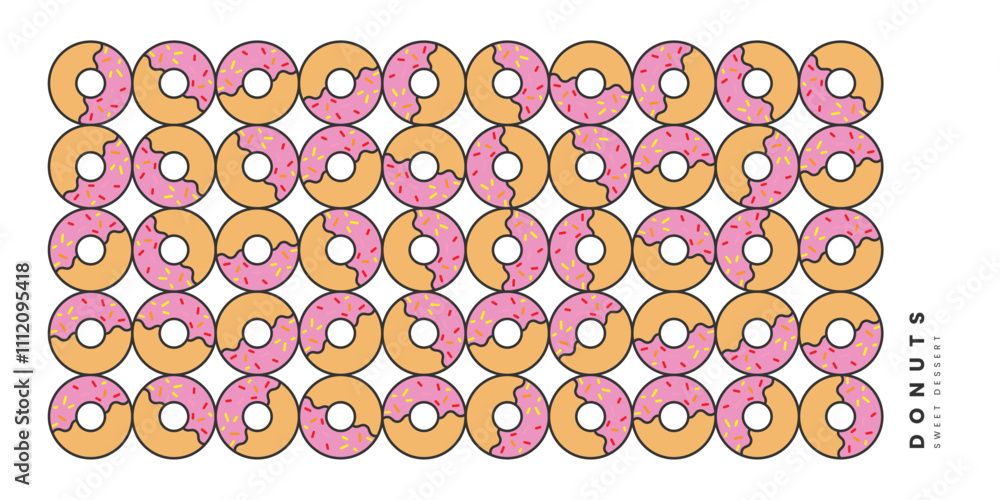 Fototapeta premium Donuts sweet dessert art poster. Doodle flat style vector.
