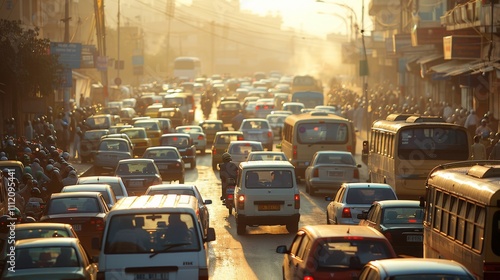 An urban street packed with traffic during sunset, featuring buses, cars, and motorbikes, casting long shadows and a golden glow over the chaotic scene.