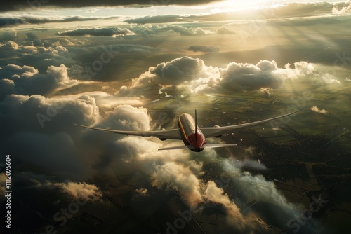 An airplane soars through a dramatic sky filled with golden clouds during sunset, symbolizing freedom, adventure, and the limitless possibilities of travel and exploration. photo