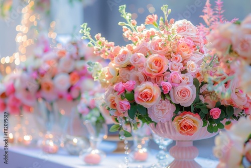 A breathtaking floral arrangement of pastel roses in a vase, accentuated with hanging crystals, creates a romantic and elegant ambiance in the image. photo