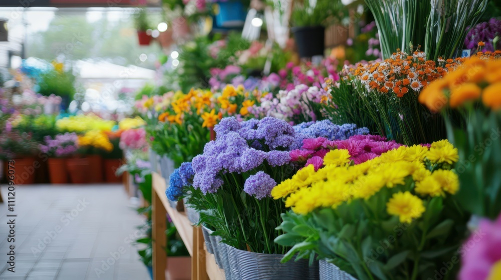 Fototapeta premium Colorful unsold flowers displayed in a flower shop, showcasing vibrant floral arrangements and market atmosphere