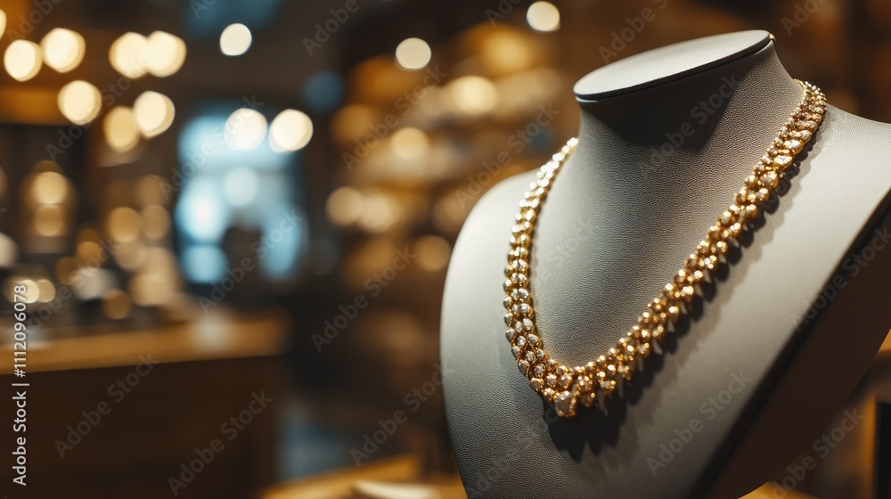 Elegant Gold Necklace Displayed in Jewelry Store Showcase Elegant Gold Necklace Displayed in Jewelry Store Showcase