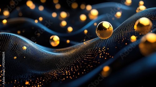 Golden Spheres: A mesmerizing display of golden spheres floating above rippling, dark blue, fabric, creating an abstract sense of luxury and sophistication.