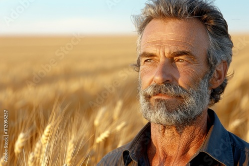 A middle-aged man, with a contemplative expression, gazes across an expansive wheat field under a clear sky, embodying connection and reflection with nature.