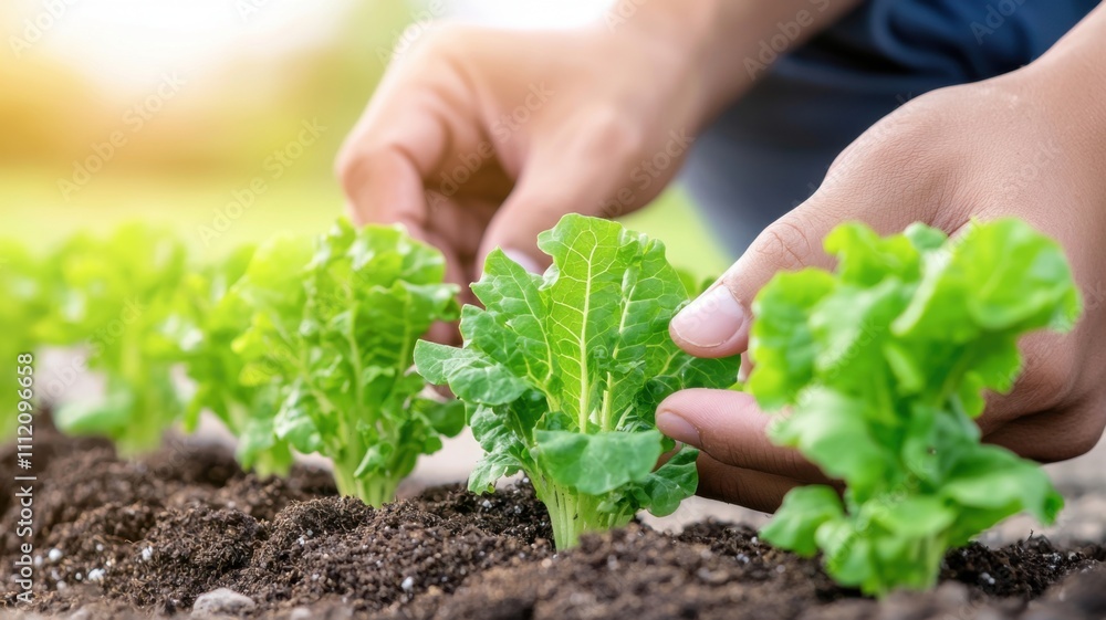 Hands planting fresh lettuce in rich soil during sunny weather. Hands planting fresh lettuce in rich soil during sunny weather.