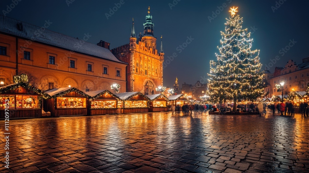 Fototapeta premium Festive Christmas Market with Lights and Tree at Night in City Square