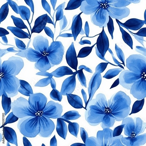 Floral in blue and white. Seamless abstract botanical pattern.