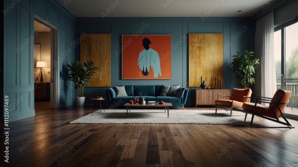 Fototapeta premium Interiors of a Modern Living Room with Wood Floor 
