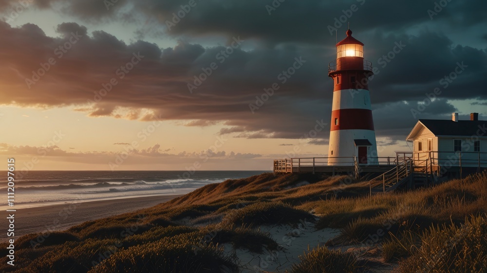 Lighthouse beaming near beach house Lighthouse beaming near beach house