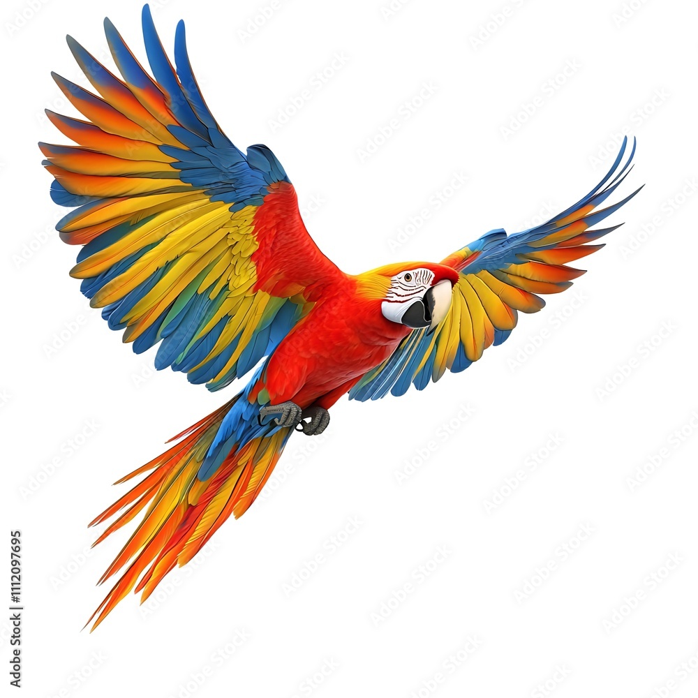 Obraz premium A scarlet macaw in flight, wings spread wide, showcasing vibrant red, yellow, blue, and green plumage against a white background. Generative ai