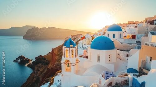 Breathtaking Santorini Sunset Over Iconic Blue-Domed Architecture