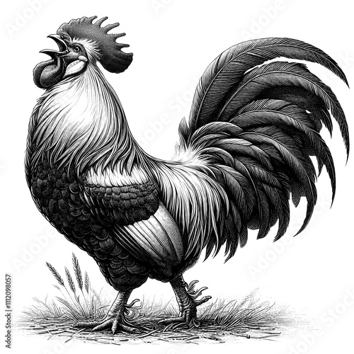 Rooster crowing at dawn, sketch engraving raster illustration.