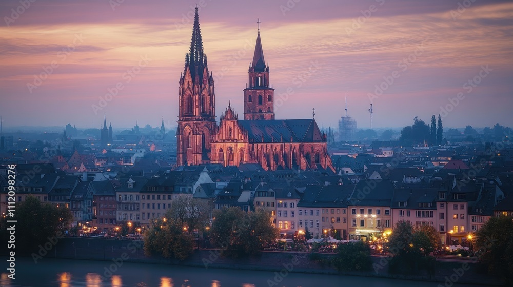 Obraz premium Serene Sunset Over Historic Cathedral in Charming European Town