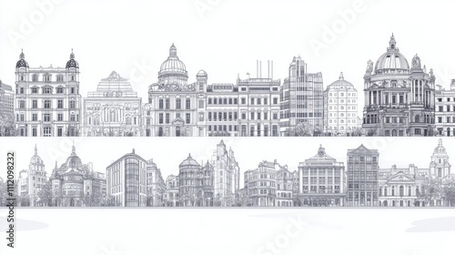 Urbanscape Linear Banner: Customizable Cityscape with Diverse Objects and Background Fill