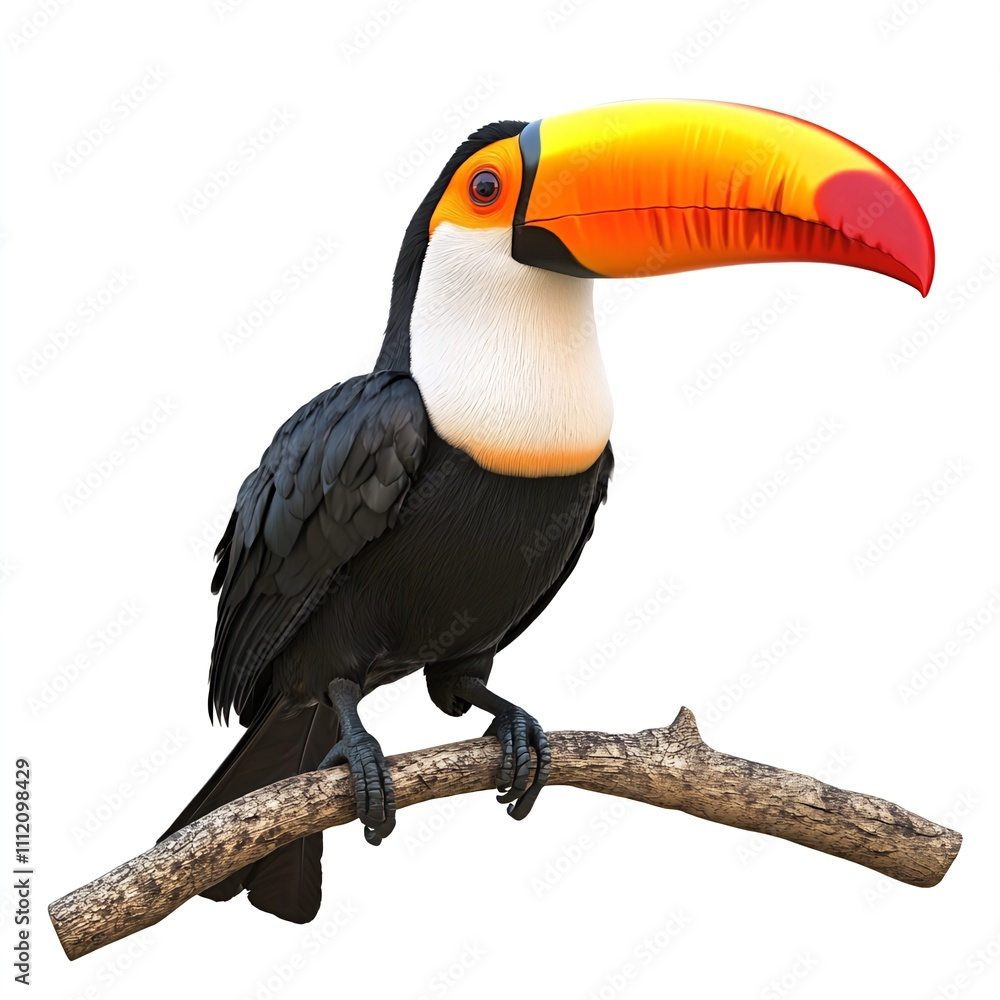 Obraz premium A vibrant toucan perched on a branch, isolated on a white background. Generative ai