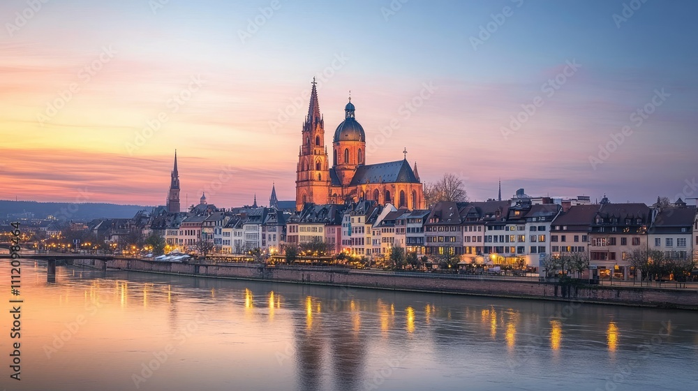 Obraz premium Majestic Riverfront View of Historic City at Sunset in Germany