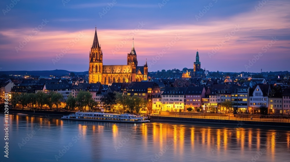 Scenic View of Cathedral and River at Sunset in Germany