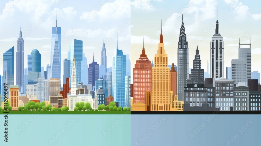Urbanscape Linear Banner: Customizable Cityscape with Diverse Objects and Background Fill Urbanscape Linear Banner: Customizable Cityscape with Diverse Objects and Background Fill