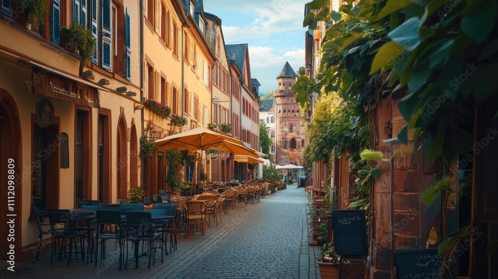 Fototapeta premium Charming Cobblestone Alleyway with Outdoor Cafes and Historic Buildings