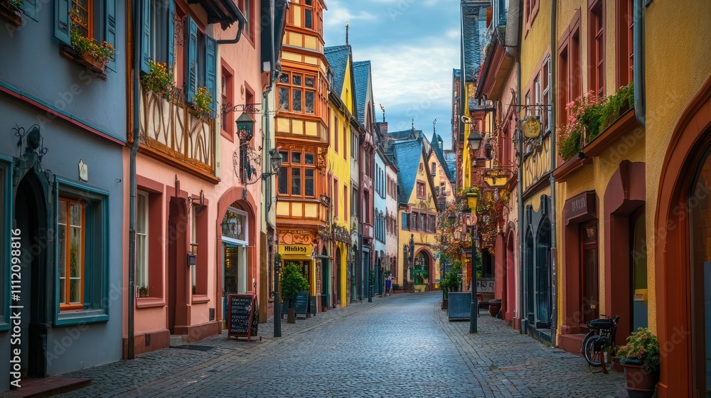 Fototapeta premium Colorful Historic Street in Charming European Town with Cobblestones