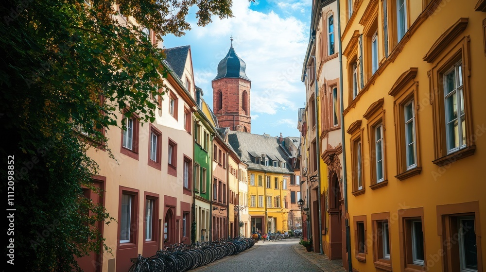 Fototapeta premium Charming European Street with Colorful Buildings and Tower View
