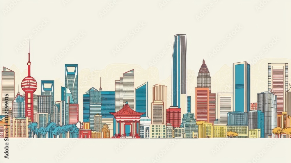 Urbanscape Linear Banner: Customizable Cityscape with Diverse Objects and Background Fill Urbanscape Linear Banner: Customizable Cityscape with Diverse Objects and Background Fill