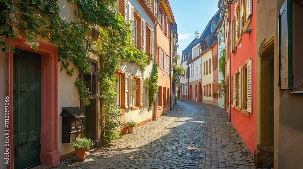 Fototapeta premium Charming European Cobblestone Street with Colorful Houses and Ivy