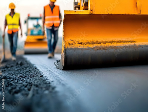 Construction workers operate heavy machinery on road project, showcasing teamwork and precision. scene captures essence of construction work with focus on asphalt being laid photo