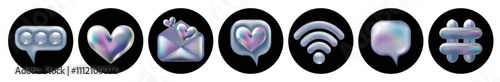 3d holographic retro 90 icons set. Chrome Heart, Speech Bubble, Hashtag, Envelope, Wi-Fi Sign isolated on black. Future galaxy aesthetic, 3D chrome bubble art. Metal glossy sticker set.