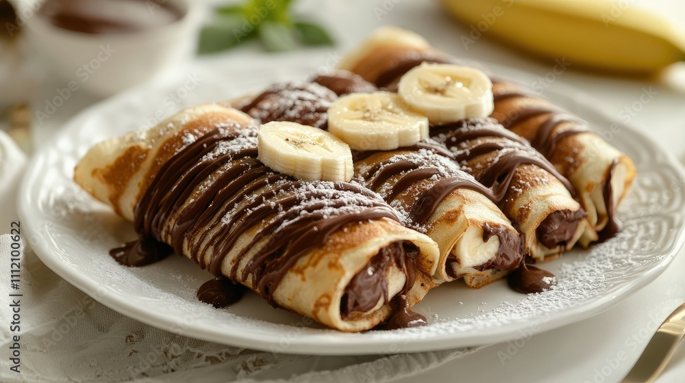 Delicious Sweet Crepes with Chocolate and Banana Topping on Plate Delicious Sweet Crepes with Chocolate and Banana Topping on Plate
