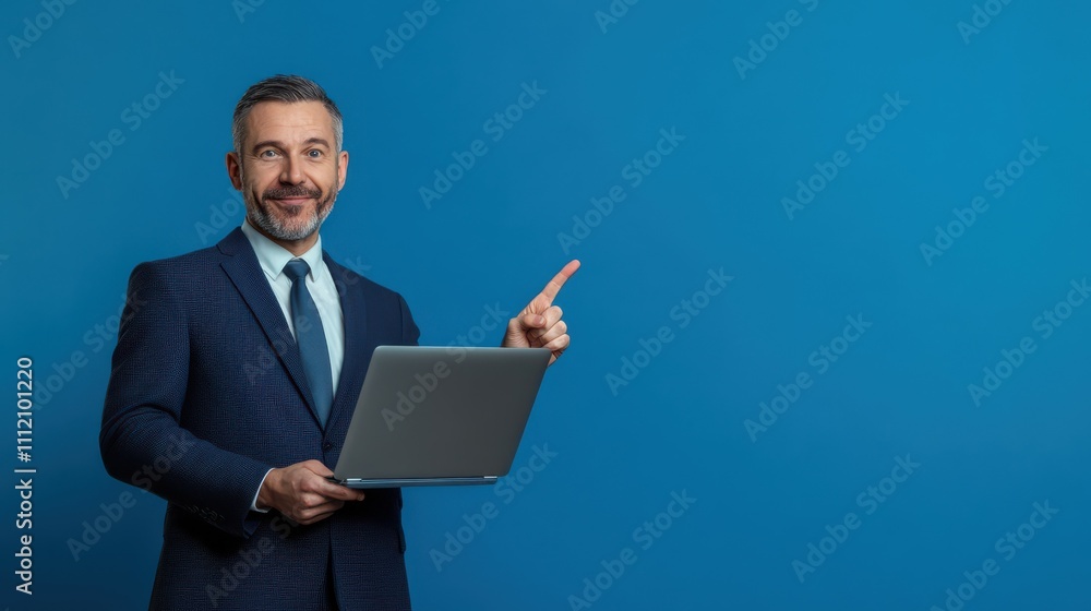 Excited middle aged business man pointing finger holding laptop presenting online product service promo, advertising elearning course sale offer, having new business idea isolated on blue background. Excited middle aged business man pointing finger holding laptop presenting online product service promo, advertising elearning course sale offer, having new business idea isolated on blue background.