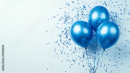blue balloons with confetti on white background