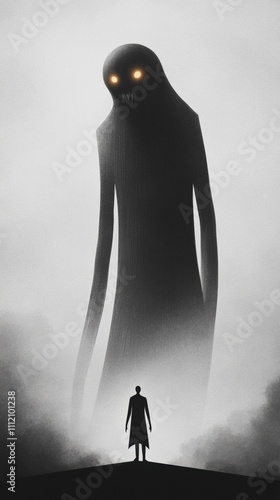 A lone figure confronts a towering shadowy creature with glowing eyes in a misty landscape, AI photo