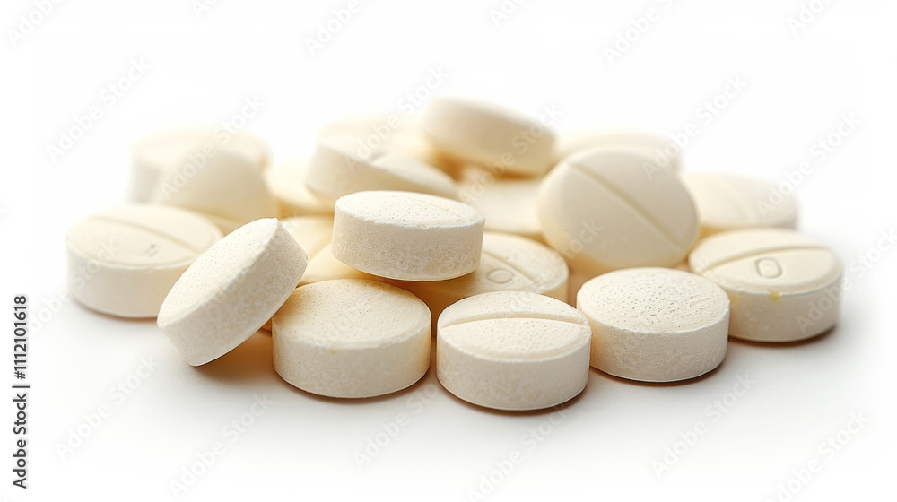 Round beige medical tablets. Pharmaceutical and healthcare medication macro close-up.
Round beige medical tablets. Pharmaceutical and healthcare medication macro close-up.