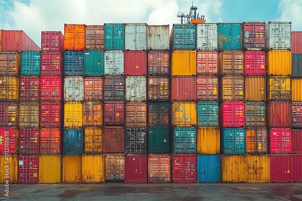 Fototapeta premium A large stack of containers in various colors, including red, yellow, and blue