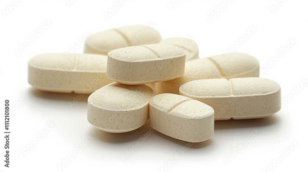 Beige medical tablets in close-up. Healthcare and pharmaceutical concept rendering. Beige medical tablets in close-up. Healthcare and pharmaceutical concept rendering.