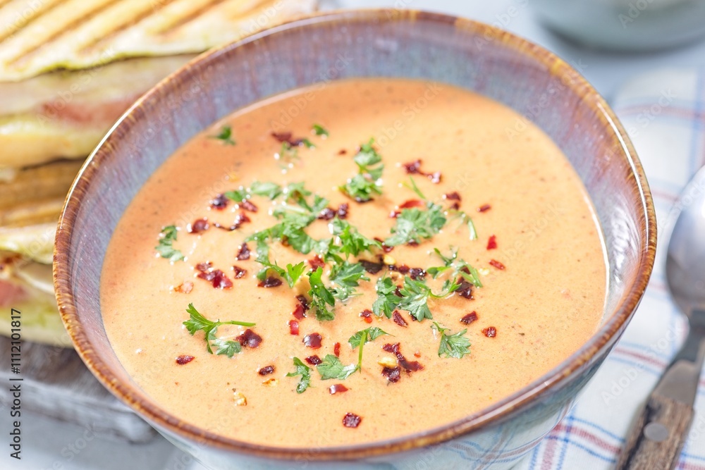 Bowl with Red bell pepper creamy soup, horizontal closeup Bowl with Red bell pepper creamy soup, horizontal closeup
