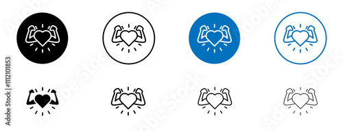 Strong heart icon set in black and blue colors