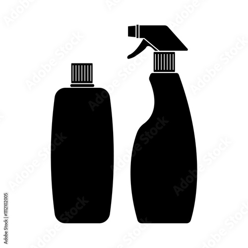 Illustration showing a black icon of cleaning products on a white background