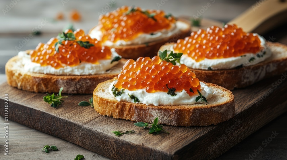 Savory Bruschetta with Cream Cheese and Orange Fish Roe Topping Savory Bruschetta with Cream Cheese and Orange Fish Roe Topping
