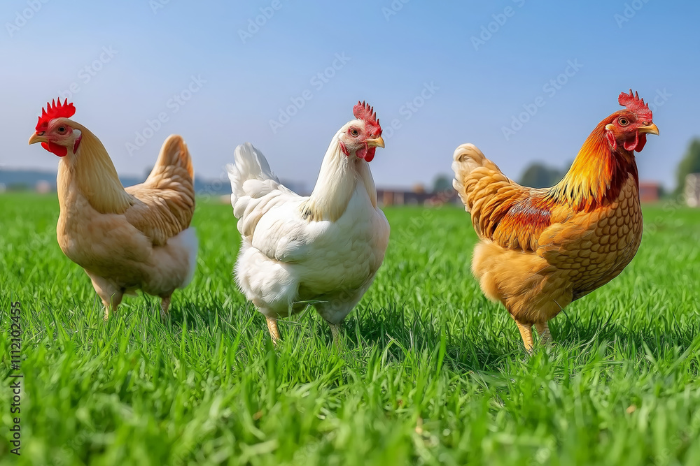 Fototapeta premium Three colorful chickens roaming freely on a lush green field under a bright blue sky, representing free-range farming and rural life