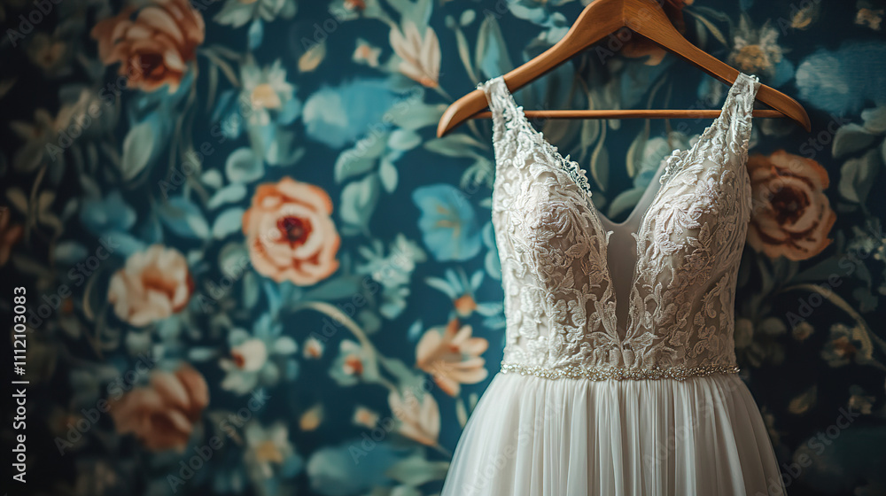 Naklejka premium Beautiful bridal gown displayed against a floral patterned wall in a serene dressing area during daylight hours. Generative AI