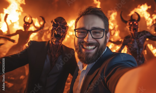 A cheerful businessman takes a selfie in a fiery hellscape surrounded by demons, blending corporate success with a surreal infernal backdrop
